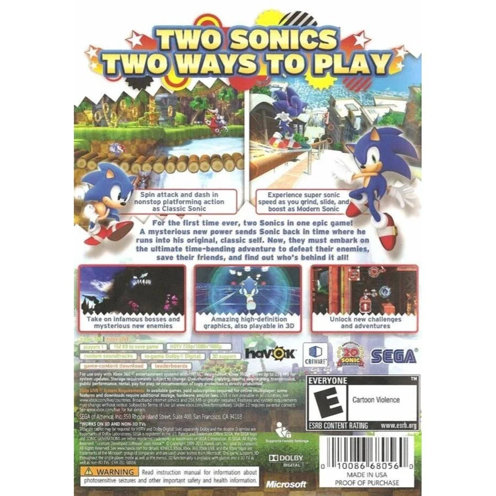 Sonic Generations - XBox 360 - Playable in 3D - Tested